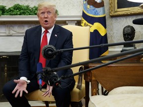 President Donald Trump speaks during a meeting with NATO Secretary General Jens Stoltenberg in the Oval Office of the White House, Thursday, May 17, 2018, in Washington.