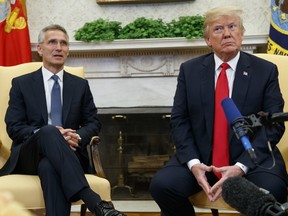 President Donald Trump meets with NATO Secretary General Jens Stoltenberg in the Oval Office of the White House, Thursday, May 17, 2018, in Washington.
