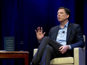 Former FBI director James Comey speaks during a stop on his book tour Monday, April 30, 2018, in Washington.