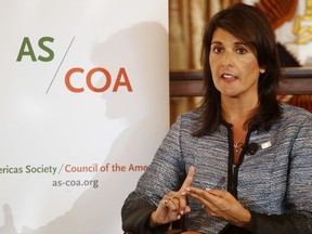 Ambassador to the United Nations Nikki Haley speaks about Venezuela to the Council of the Americas, during a luncheon at the State Department in Washington, Tuesday, May 8, 2018.