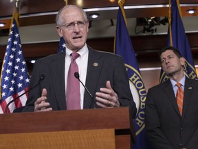 House Agriculture Committee Chairman Mike Conaway, R-Texas, joined at right by Speaker of the House Paul Ryan, R-Wis., touts the newly-crafted farm bill during a news conference on Capitol Hill in Washington, Wednesday, May 16, 2018, as the House plans to debate a long list of amendments on the controversial legislation. House Republicans favor a plan to strengthen work requirements for food stamps, but Democrats say that would hurt the poor.
