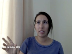 This undated image from video provided by Detained in Dubai, a London-based for-hire advocacy group long critical of the United Arab Emirates, shows Sheikha Latifa bint Mohammed Al Maktoum, a daughter of Dubai's ruler, in a 40-minute video in which she says she's planning on fleeing the country.