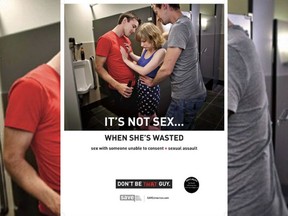 A poster is displayed in Calgary on Monday, April 22, 2013 at the launch of the "Don't Be THAT Guy" campaign. The campaign targets men and talks about sexual consent in different situations.