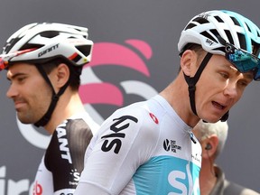 Britain's Chris Froome, right, and Netherland's Tom Dumoulin prepare to start the 13th stage of the Giro d'Italia cycling race from Ferrara to Nervesa della Battaglia, Italy, Friday, May 18, 2018.
