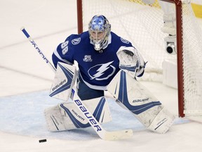 Tampa Bay Lightning goaltender Andrei Vasilevskiy (88) makes a save during the first period of Game 5 of the team's NHL hockey Eastern Conference finals against the Washington Capitals on Saturday, May 19, 2018, in Tampa, Fla.