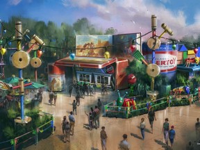 This computer-generated image provided by Walt Disney World shows Woody's Lunch Box where there will be a new quick-service window serving meals and old-fashioned soda floats to guests visiting the new Toy Story Land when it opens June 30, 2018 at Disney's Hollywood Studios in Lake Buena Vista, Fla. (Walt Disney World via AP)