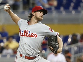 Philadelphia Phillies' Aaron Nola delivers a pitch during the first inning of the team's baseball game against the Miami Marlins, Wednesday, May 2, 2018, in Miami.