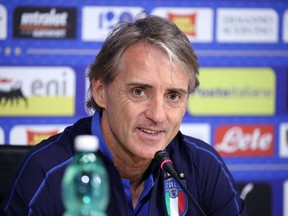 Roberto Mancini, coach of the Italian national soccer team, speaks during a press conference at the Coverciano Sports Center, near Florence, Italy, Thursday, May 24, 2018.