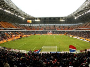 In this photo taken on Saturday, April 21, 2018 a view on the new World Cup stadium during the Russian second league soccer match between Mordovia and Zenit-Izhevsk in Saransk, Russia.