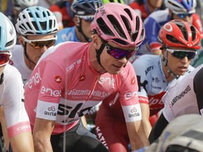 Britain's Chris Froome pedals in the pack during the last stage of the Giro d'Italia cycling race, in Rome, Sunday, May 27, 2018. Chris Froome effectively sealed victory in the Giro d'Italia on Saturday by holding his only remaining challenger in check up the final climb of the three-week race.