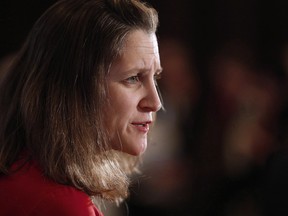Chrystia Freeland, Minister of Foreign Affairs, participates in a question and answer session at a Winnipeg Chamber of Commerce luncheon in Winnipeg, Wednesday, April 4, 2018.