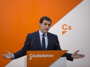 Ciudadanos party leader Albert Rivera talks to journalists during a news conference at the party's headquarters in Madrid, Monday, May 28, 2018.