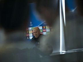 Real Madrid head coach Zinedine Zidane talks to journalists during the open media day at the team's Veldebebas training ground in Madrid, Tuesday, May 22, 2018. Real Madrid will play the Champions League final match against Liverpool on Saturday 26.