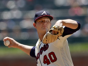 Atlanta Braves starting pitcher Michael Soroka (40) works against the San Francisco Giants in the first inning of a baseball game Sunday, May 6, 2018, in Atlanta.