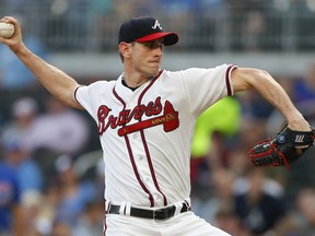 Atlanta Braves starting pitcher Brandon McCarthy works in the first inning of a baseball game against the Chicago Cubs on Wednesday, May 16, 2018, in Atlanta.