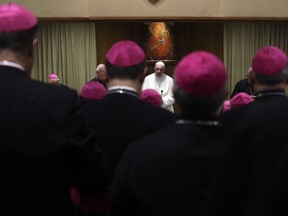 Pope Francis arrives at the annual Bishops' Conference in the Synod hall at the Vatican, Monday, May 21, 2018.