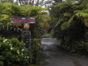 The entrance to Volcano Inn is photographed in Volcano, Hawaii, Thursday, May 10, 2018. The village is located on the border of Hawaii Volcanoes National Park, just a few miles east of Kilauea's summit crater.