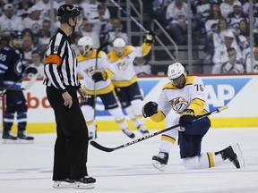 Nashville Predators defenceman P.K. Subban celebrates his goal against the Winnipeg Jets on May 3.