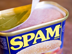 A can of Hormel Foods Corp. Spam brand cooked meat.