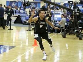 Jalen Brunson, from Villanova, participates in the NBA draft basketball combine Thursday, May 17, 2018, in Chicago.