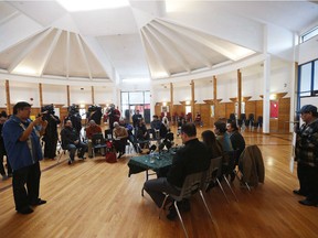 The Manitoba 60s Scoop Survivors Group speaks with media at Thunderbird House in Winnipeg, Friday, February 16, 2018. A federal judge has approved a multimillion-dollar settlement for Indigenous people who were taken from their families and placed in non-Indigenous foster homes in the so-called '60s Scoop. The settlement includes $750 million for the survivors, $50 million for an Indigenous healing foundation and $75 million for legal fees.