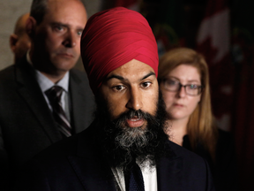 NDP Leader Jagmeet Singh speaks about the harassment allegations against MP Erin Weir outside the House of Commons on May 3, 2018.