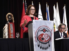 Minister of Indigenous Services Jane Philpott delivers an address at the Assembly of First Nations Special Chiefs Assembly, in Gatineau, Que., on Wednesday, May 2, 2018.