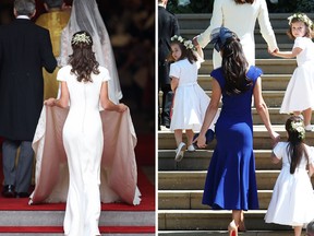 Left: Pippa Middleton carries Kate's train at her wedding in 2011. Right: Jessica Mulroney’s “Pippa moment,” as she (in blue) and Catherine, Duchess of Cambridge, walk with children taking part in Prince Harry’s and Meghan Markle’s wedding on May 19.