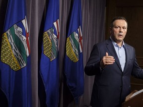 Jason Kenney speaks to the media at his first convention as leader of the United Conservative Party in Red Deer, Alta., Sunday, May 6, 2018.THE CANADIAN PRESS/Jeff McIntosh