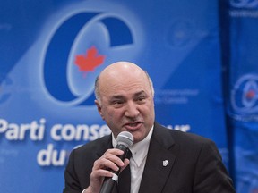 Kevin O'Leary addresses a Conservative party leadership debate  in Montreal on Feb. 13, 2017.