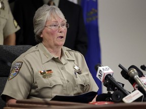 FILE - In this Oct. 14, 2015, file photo, Nye County, Nev., Sheriff Sharon Wehrly talks to the media during a new conference in Pahrump, Nev. Wehrly has publicly apologized for leaving her handgun unattended in a casino restroom last week, and seeking what she called forgiveness from voters just three weeks ahead of her re-election bid. Wehrly said by telephone, Tuesday, May 22, 2018, that she acknowledged and documented the lunchtime May 15 incident at the Saddle West hotel-casino.