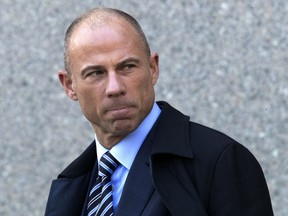 FILE - In this April 26, 2018 file photo, Michael Avenatti, attorney for Stormy Daniels, who alleges she had an affair with President Donald Trump, leaves federal court in New York after a hearing for Michael Cohen, Trump's personal attorney. A federal judge has ordered a firm linked to Avenatti to pay $10 million to a lawyer who claimed he was owed millions and that the firm misstated its profits. The Los Angeles Times reported Tuesday, May 22, 2018 that the judgment comes after Jason Frank, who used to work at Eagan Avenatti, alleged the law firm failed to pay the $4.85 million settlement he had reached last year.