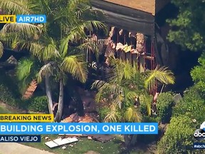 This photo taken from video provided by KABC-TV shows a building after an explosion rocked it in Aliso Viejo, Calif., Tuesday afternoon, May 15, 2018. Authorities say one person is dead and several others have injuries. The cause of the blast is being investigated. The injured were taken to a hospital. (KABC-TV via AP)