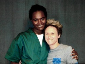 This 2018 photo provided by inmate Lindsay Saunders-Velez shows her, at left, with mentor Meghan Baker at the Colorado Territorial Correctional Facility in Cañon City, Colo. Saunders-Velez is a transgender inmate who is suing Colorado's corrections agency, saying she was raped at a men's prison hours after a federal judge denied her request to block the prison from keeping her in a disciplinary unit.