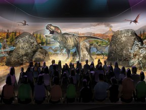 This undated artist rendering provided by BASE Hologram shows a prototype three-dimensional hologram display for a dinosaur exhibit. Jack Horner, a Montana paleontologist who consulted with director Steven Spielberg on the "Jurassic Park" movies is developing a three-dimensional hologram exhibit that will showcase the latest theories on what dinosaurs looked like. Horner and entertainment company Base Hologram are aiming to have multiple traveling exhibits ready to launch in spring 2018.  (BASE Hologram via AP)