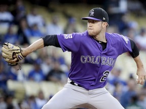 Colorado Rockies starting pitcher Kyle Freeland throws against the Los Angeles Dodgers during the first inning of a baseball game in Los Angeles, Wednesday, May 23, 2018.