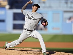 Philadelphia Phillies starting pitcher Vince Velasquez faces the Los Angeles Dodgers during the first inning of a baseball game Monday, May 28, 2018, in Los Angeles.