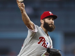 Philadelphia Phillies starting pitcher Jake Arrieta throws to a Los Angeles Dodgers batter during the first inning of a baseball game Tuesday, May 29, 2018, in Los Angeles.