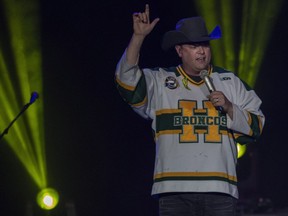 Gord Bamford performs during the Country Thunder Humboldt Broncos tribute concert in Saskatoon, Sask. Friday, April 27, 2018. Organizers behind the Humboldt Broncos tribute concert say they've raised nearly half a million dollars for families affected by the tragic bus crash.
