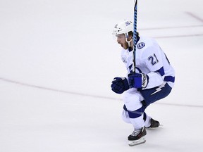 Tampa Bay Lightning center Brayden Point celebrates his goal during the second period of Game 3 of the NHL Eastern Conference final against the Washington Capitals on Tuesday, May 15, 2018.