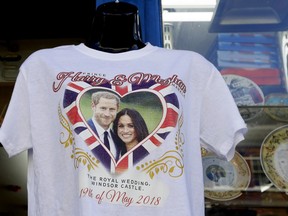 A T-shirt is seen for sale in Windsor, England, Monday, May 14, 2018. Preparations are being made in the town ahead of the wedding of Britain's Prince Harry and Meghan Markle that will take place in Windsor on Saturday May 19.