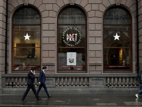An exterior view shows a branch of the Pret A Manger, in London, Tuesday, May 29, 2018. The British Sandwich shop chain is being taken over by German controlled investment group JAB Holding Company in a deal worth more that 1.5 billion pounds sterling.