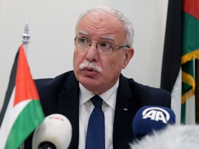 Palestinian Foreign Minister Riad Malki speaks during a press conference at the International Criminal Court on Tuesday May 22, 2018. The Palestinian foreign minister asked the International Criminal Court on Tuesday to open an "immediate investigation" into alleged Israeli "crimes" committed against the Palestinian people.