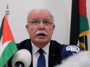 Palestinian Foreign Minister Riad Malki speaks during a press conference at the International Criminal Court on Tuesday May 22, 2018. The Palestinian foreign minister asked the International Criminal Court on Tuesday to open an "immediate investigation" into alleged Israeli "crimes" committed against the Palestinian people.