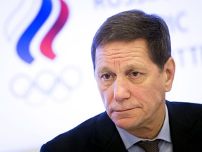 FILE - In this Tuesday, Dec. 12, 2017 file photo, Russian Olympic Committee President Alexander Zhukov addresses the media after an Russian Olympic committee meeting in Moscow, Russia.  The head of the Russian Olympic Committee says he will step down, it was reported on Tuesday, May 2, 2018. The decision comes three months after Russian athletes were forced to compete at the Pyeongchang Games as neutral athletes. Alexander Zhukov says he wants to focus on his political career. His intention to leave paves the way for vice president Stanislav Pozdnyakov to take charge at scheduled elections on May 29.