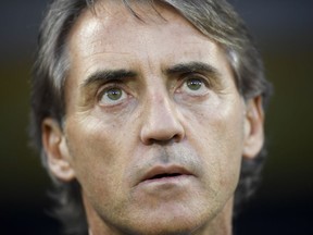 Italy's coach Roberto Mancini looks on, during a friendly soccer match between Saudi Arabia and Italy, at Kybunpark Stadium, in St. Gallen, Switzerland, Monday, May 28, 2018.