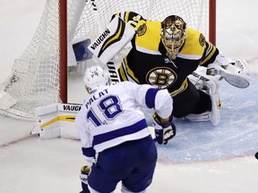 Tampa Bay Lightning left wing Ondrej Palat (18) beats Boston Bruins goaltender Tuukka Rask (40) for a goal during the first period of Game 3 of an NHL second-round hockey playoff series in Boston, Wednesday, May 2, 2018.