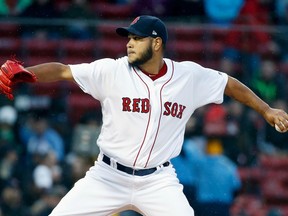 Boston Red Sox's Eduardo Rodriguez pitches during the first inning of a baseball game against the Kansas City Royals in Boston, Monday, April 30, 2018.