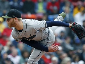 Atlanta Braves' Mike Foltynewicz pitches during the first inning of an interleague baseball game against the Boston Red Sox, Sunday, May 27, 2018, in Boston.