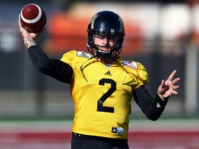 Johnny Manziel of the Hamilton Tiger-Cats takes part in a training-camp practice session at Ron Joyce Stadium on May 28, 2018 in Hamilton. (Vaughn Ridley/Getty Images)